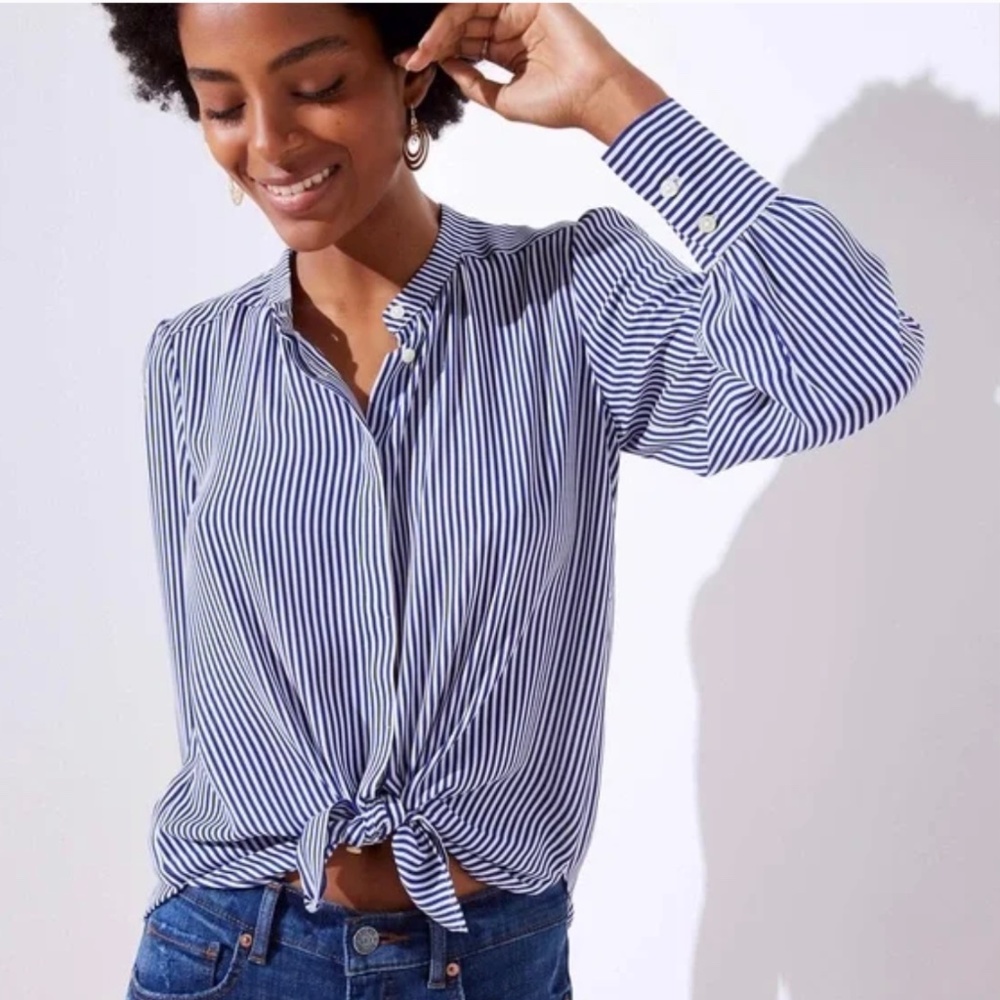 LOFT Navy Pinstripe Collarless Blouse Hidden Button Down XS, New